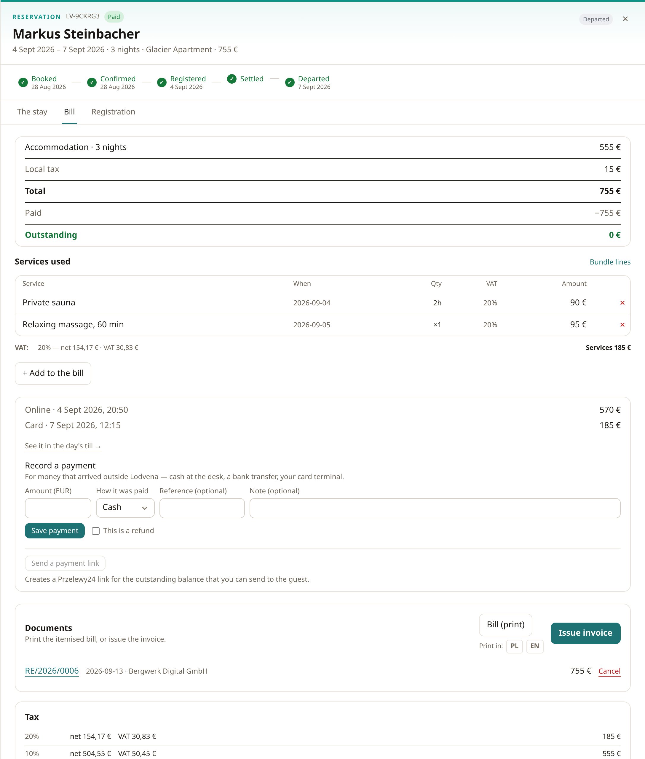 A guest bill in Lodvena: the stay's lines, the issued invoice and the VAT breakdown
