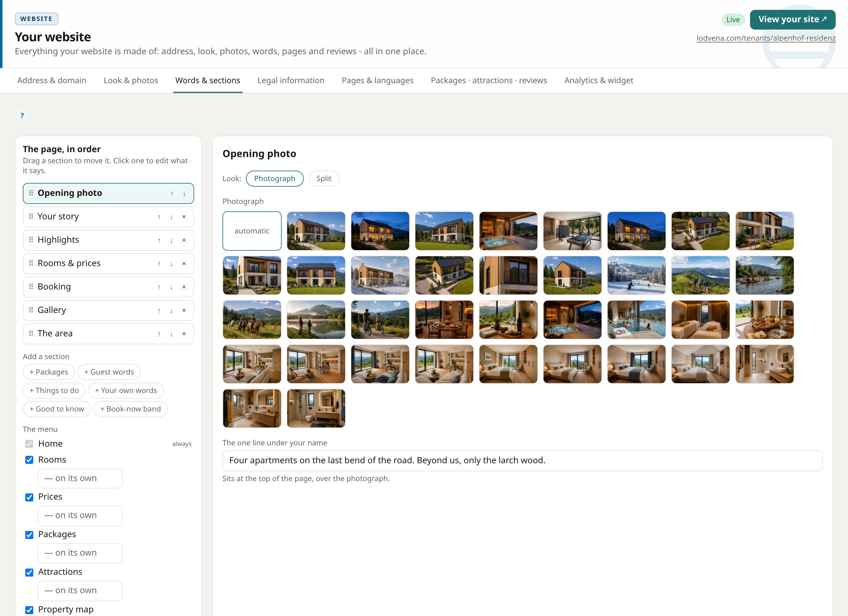 The Lodvena website builder: the page's sections in order on the left, the chosen section's content on the right - picking the opening photograph and the one line under your name