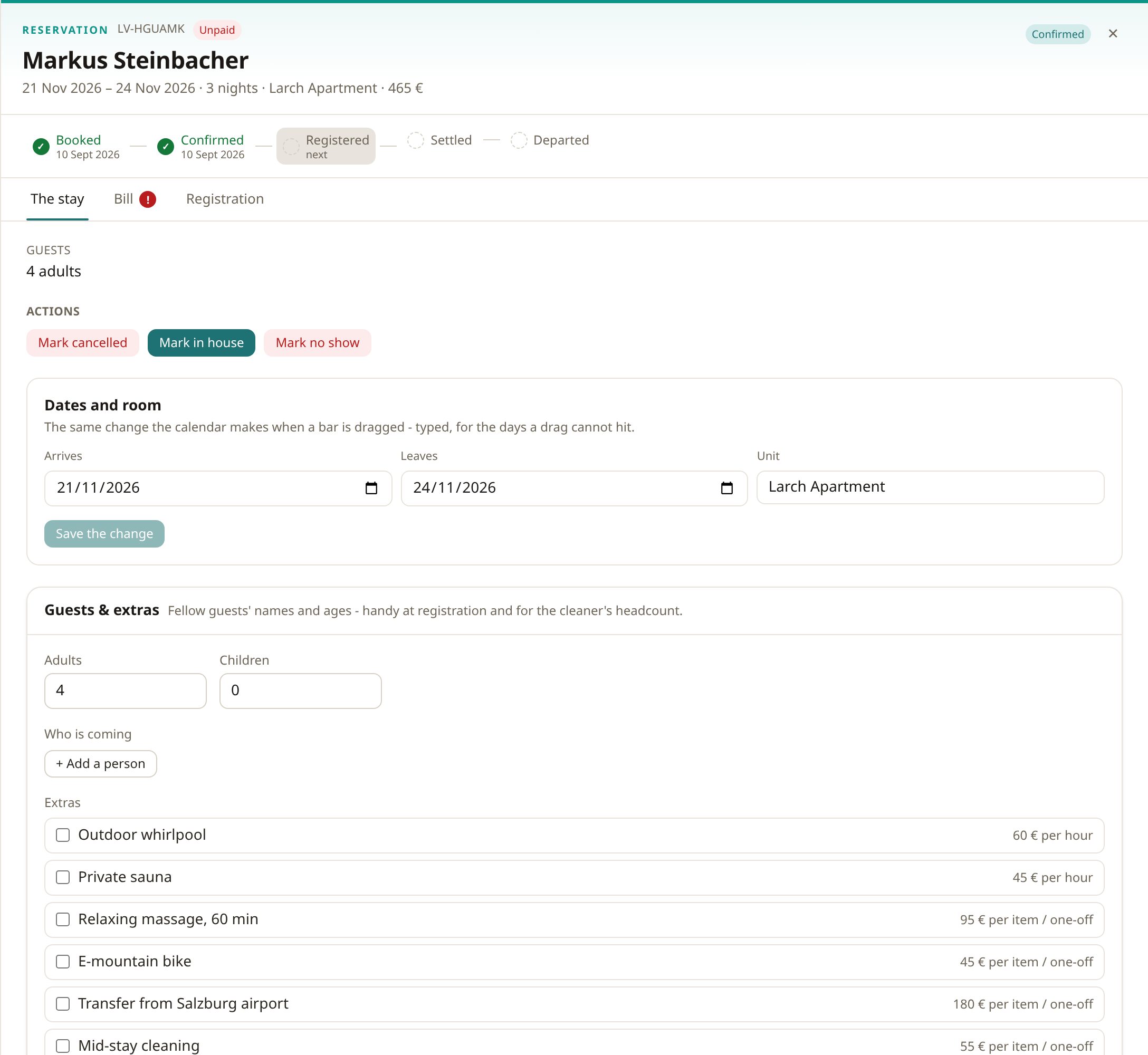 An Lodvena reservation on its “The stay” tab: dates, unit, headcount and the list of extras to tick; the Bill tab waits beside it