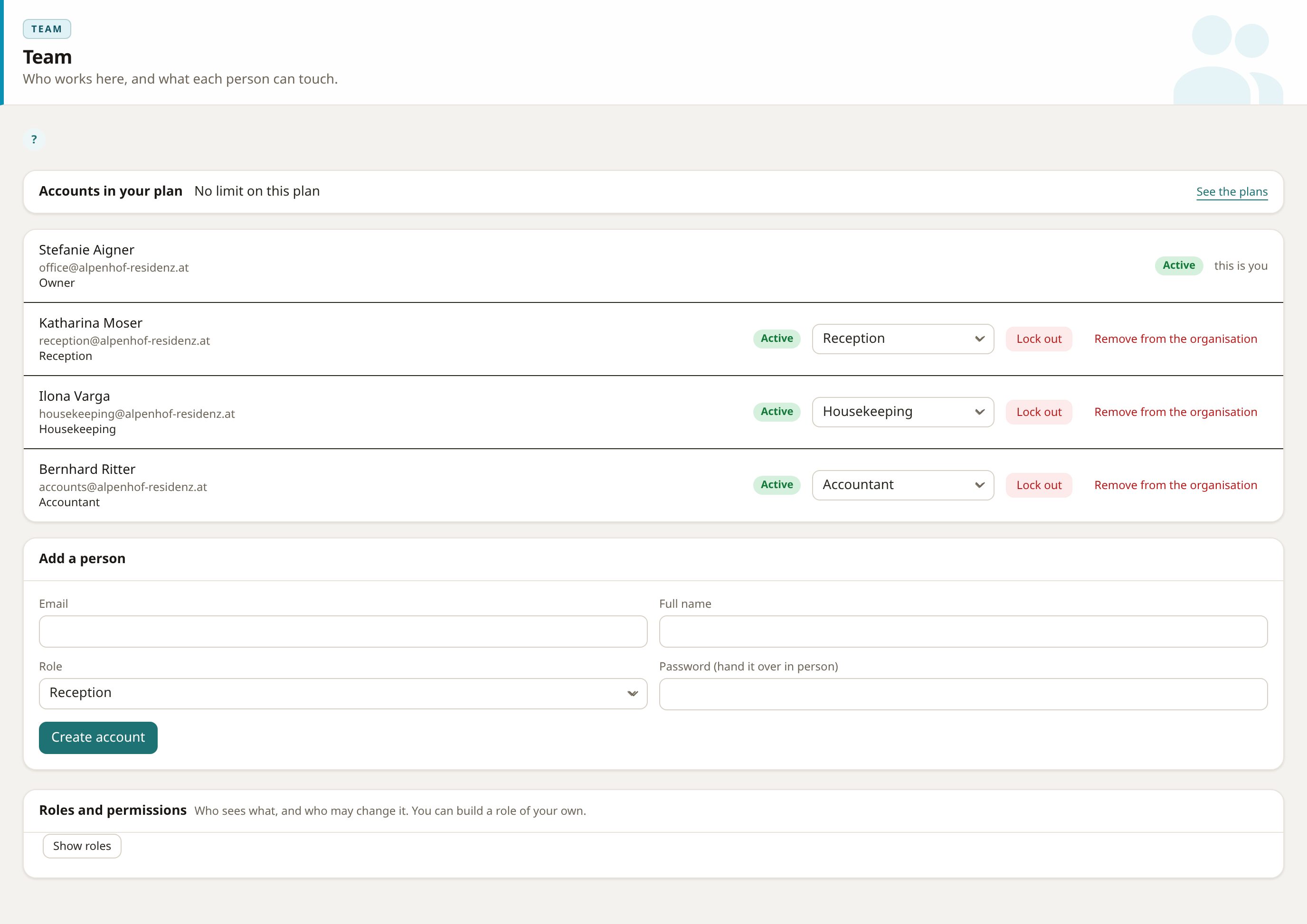 The Lodvena team page: roles, access, one-tap revocation